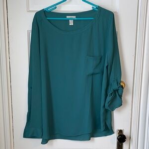 LOFT Teal Blouse with Pocket and Roll-Up Sleeves